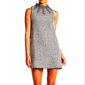 R&J Couture BlackGrey Herringbone Wool Zigzag Textile Winter Cocktail Dr…